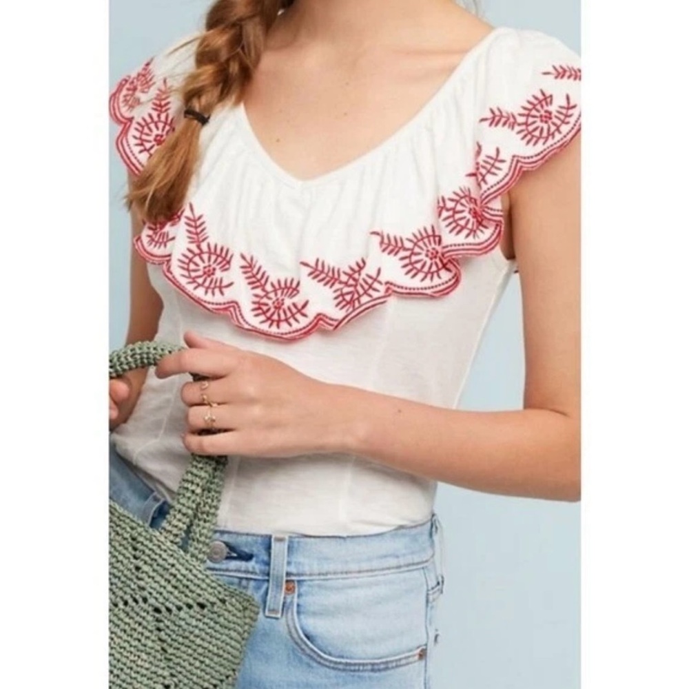 Moulinette Soeurs Embroidered White and Red Top